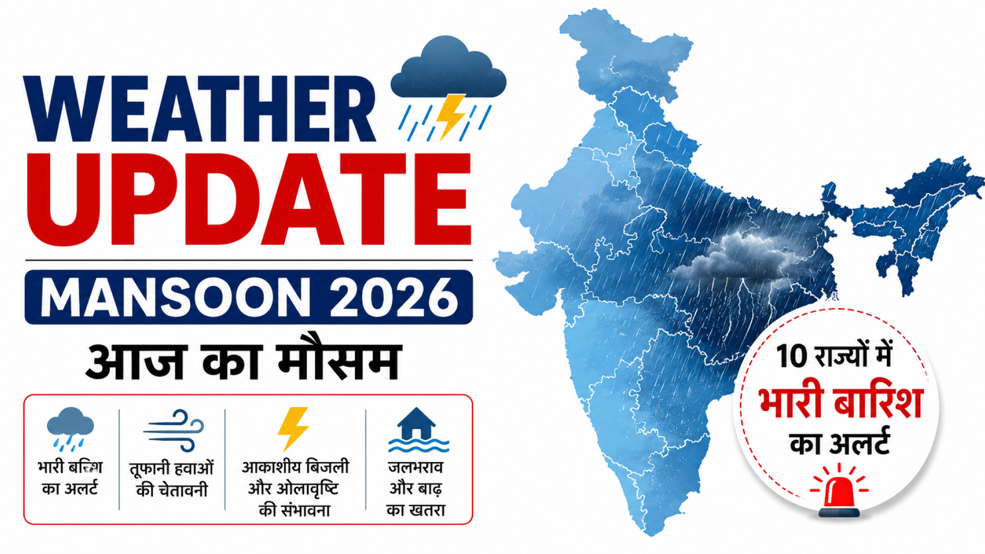 आज का मौसम: मानसून 2026 में ओडिशा, पश्चिम बंगाल, झारखंड, छत्तीसगढ़, बिहार, उत्तर प्रदेश और अन्य राज्यों में भारी बारिश व तूफान का मौसम विभाग अलर्ट।